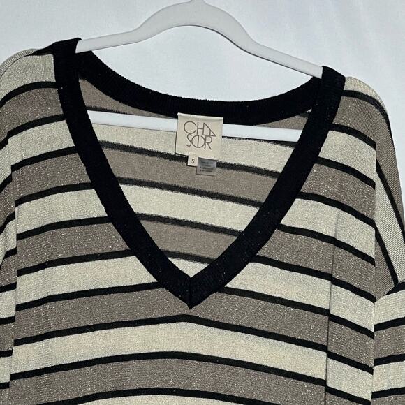 Chaser Lurex Striped V Neckline Pullover Sweater Black Tan Womens Size Small - Picture 7 of 10